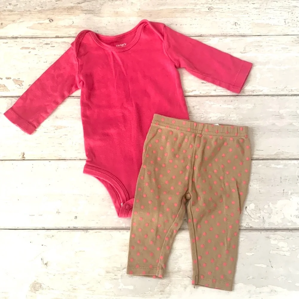 Carters 3m Baby Girl Outfit Long Sleeve Pink Bodysuit & Polka Dot Leggings Pants